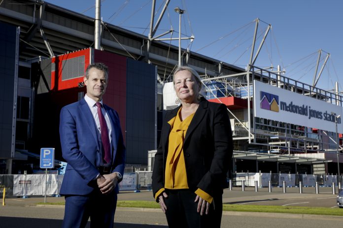Newcastle State MP Tim Crakanthorp and Shadow Minister for Sport, Lynda Voltz, outside McDonald Jones Stadium