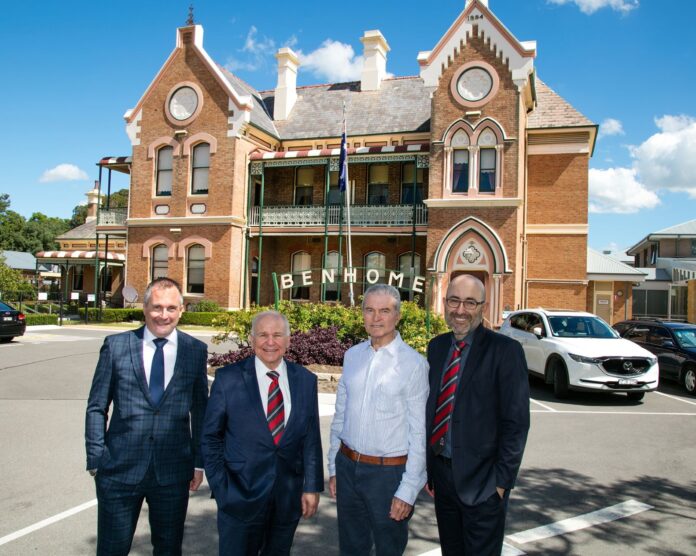 Maitland Benevolent Society chief executive John Cleary and chairman Bob Geoghegan outside Benhome with RFBI chairman David Adams and chief executive Frank Rice.