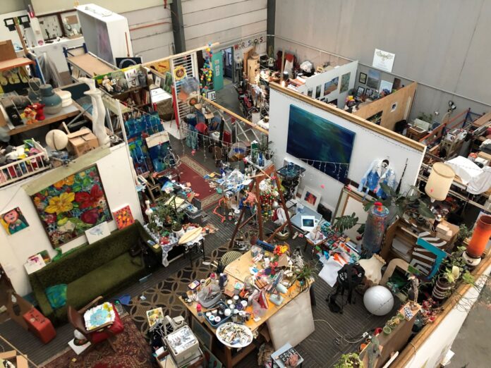 aerial shot of cluttered studio