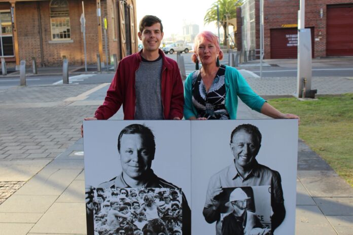 Tantrum Youth Arts chief executive Chris Dunstan and Newcastle Museum director Julie Baird with portraits from the 1989 earthquake.