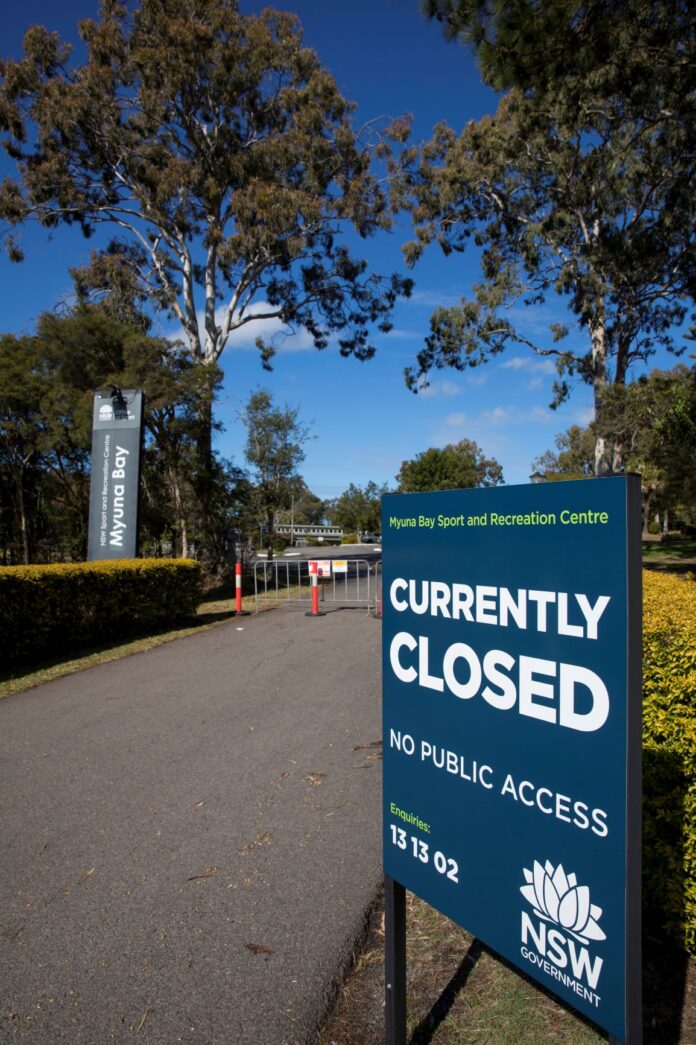 The ‘currently closed’ sign at the entrance to Myuna Bay Sport and Recreation Centre
