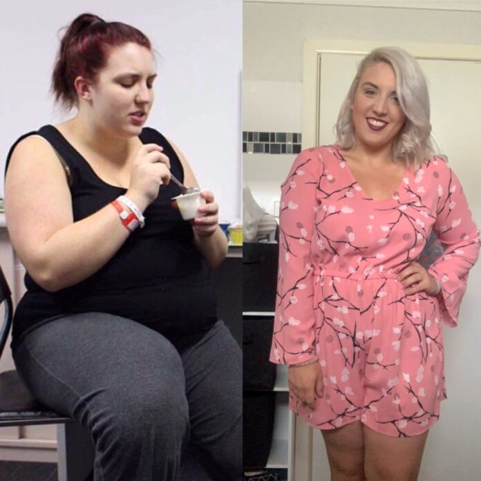 two images of woman showing weight loss