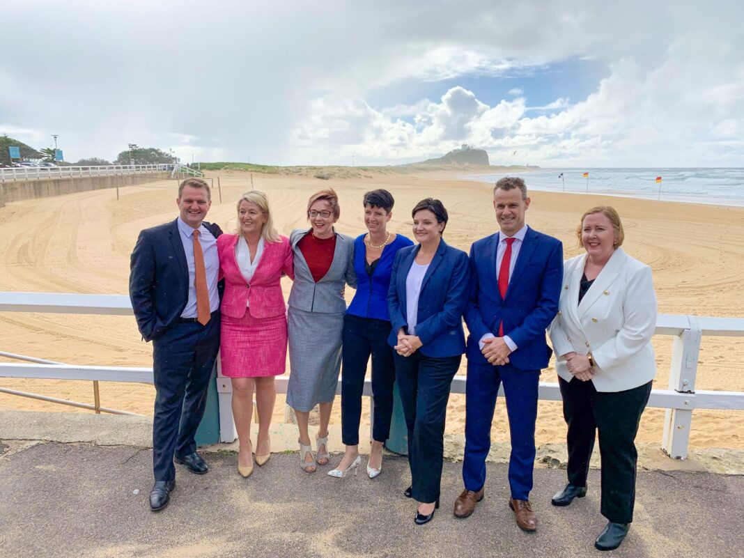 Hunter MPs Clayton Barr, Yasmin Catley, Jodie Harrison, Kate Washington, NSW Labor opposition leader Jodi McKay, Newcastle federal MP Tim Crakanthorp, and Jenny Aitchison at Nobbys Beach
