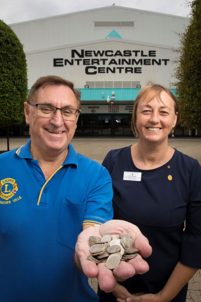 Elermore Vale Lions Club member Garry Patten and Australian Lions Childhood Cancer Research Foundation District Chair, Kate Moore, at Newcastle Entertainment Centre