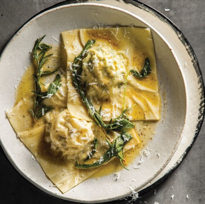 Elle and Alessandro’s buffalo ricotta ravioli with sage and rosemary butter