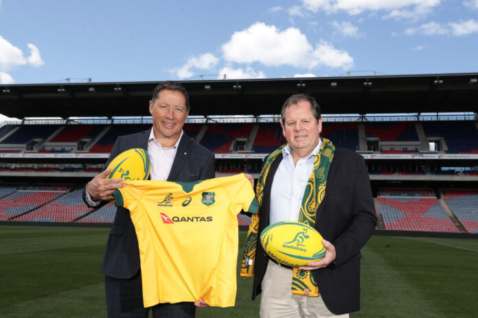 Former Wallaby Phil Kearns and Bill Clifton pose during the Rugby Championship fixture announcement at McDonald Jones Stadium in Newcastle