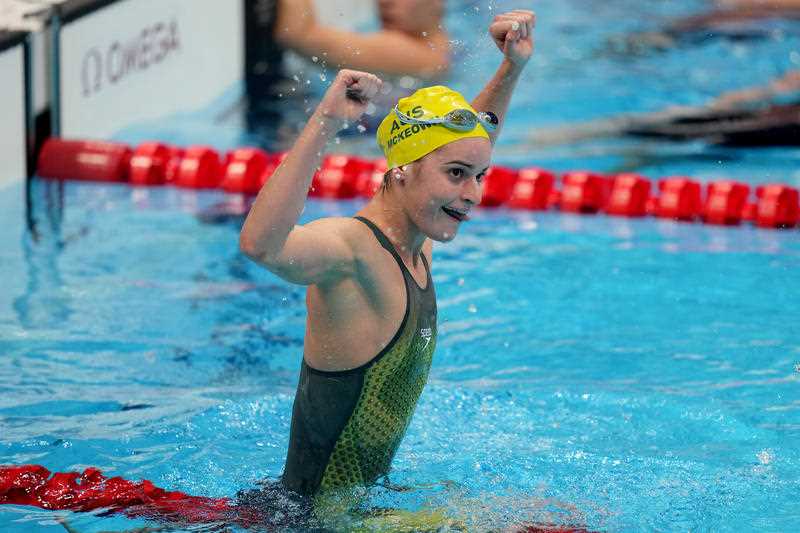 Kaylee McKeown of Australia reacts after winning gold in the Women’s 200m Backstroke Final at the Tokyo Aquatics Centre during the Tokyo Olympic Games in Tokyo, Japan, Saturday, July 31
