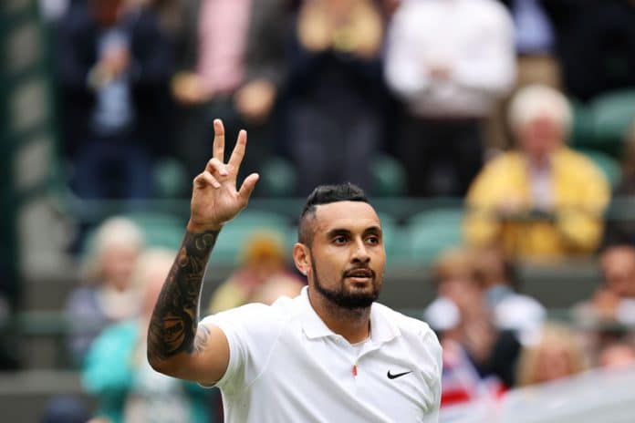 LONDON, ENGLAND - JUNE 30: Nick Kyrgios of Australia celebrates victory after winning his Men's Singles First Round match against Ugo Humbert of France during Day Three of The Championships - Wimbledon 2021 at All England Lawn Tennis and Croquet Club on June 30, 2021 in London, England. (Photo by Clive Brunskill/Getty Images)