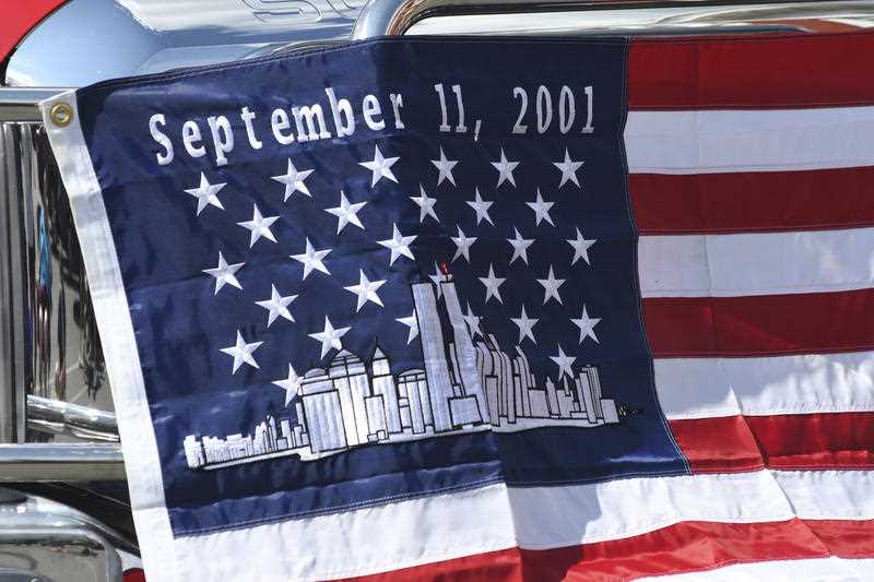 A flag remembering 9/11 is seen on the front of a fire truck in Pennsylvania 20 years after the attack