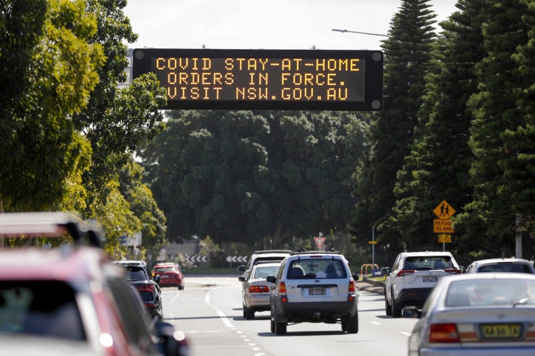 An electronic sign in Newcastle that says COVID stay at home order in force