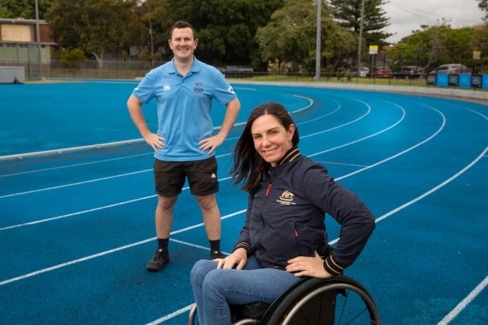 Wheelchair Sports NSW/ACT’s Sport Coordinator for Northern NSW Matthew Haines with seven-time Paralympian Christie Dawes