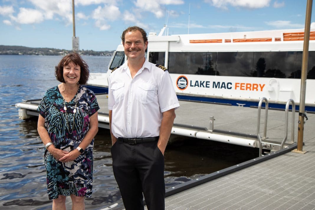 Mayor Kay Fraser and Peter Hanrahan in front of the ferry