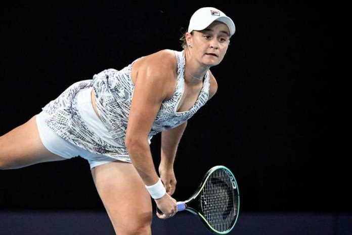 Ashleigh Barty of Australia serves during her Women’s singles semifinal against Madison Keys of the USA on Day 11 of the Australian Open, at Melbourne Park, in Melbourne, Thursday, January 27, 2022.