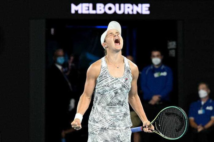 Ashleigh Barty of Australia celebrates after winning the Women’s singles final against Danielle Collins of the USA on Day 13 of the Australian Open, at Melbourne Park