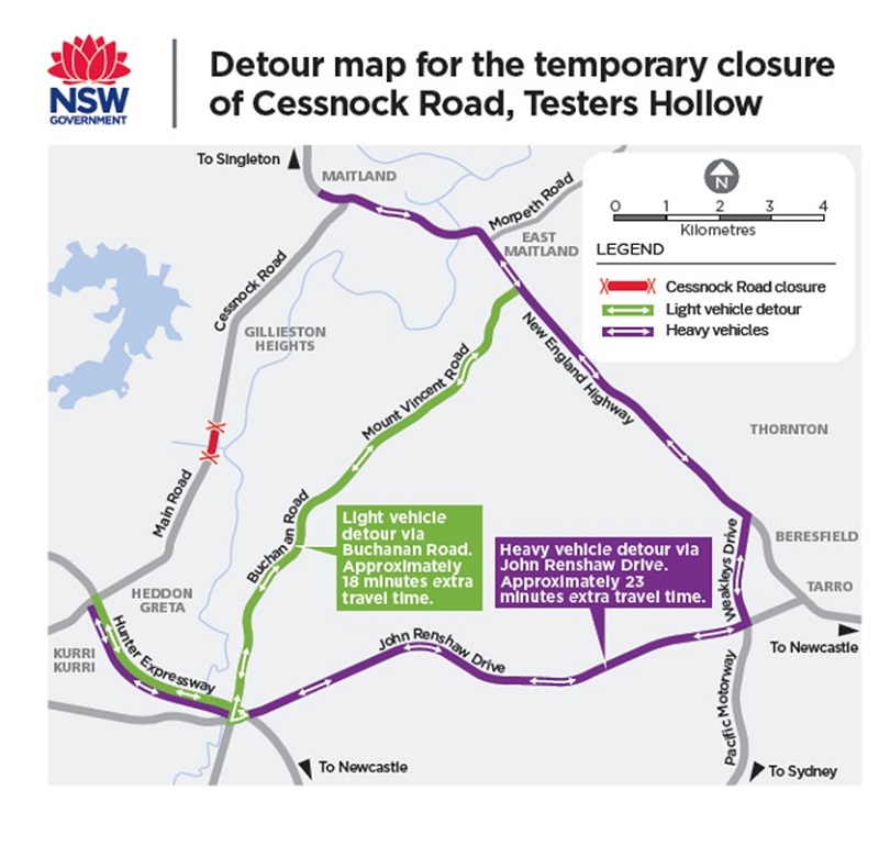 Changed traffic conditions on Cessnock Road at Testers Hollow