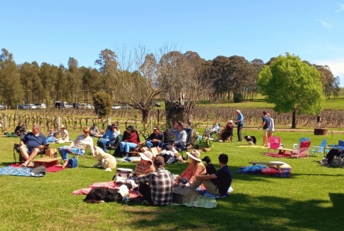 Spring crowd enjoying wine tasting on the grass at the D’Vine Festival in Hunter Valley, starting this September along the Hermitage Road wine trail.