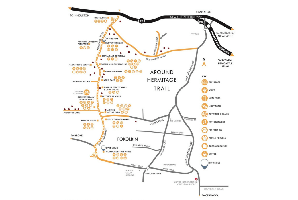 Map of Around Hermitage Trail in Hunter Valley, highlighting wineries, food stops, and D'Vine Hub locations for a festival.